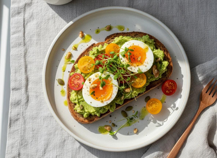 Creamy Avocado & Egg Breakfast Toast with Fresh Fruit